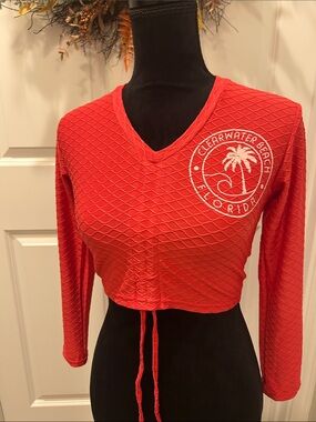 Clearwater Beach Florida Coral Long-Sleeve Ribbed Ruched Cropped Top Size Small
